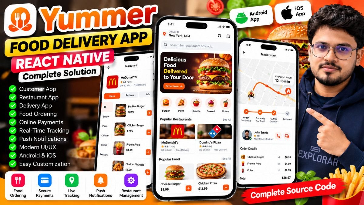 Yummer – React Native Food Delivery App | Complete Food Ordering App with Customer, Delivery &amp; Restaurant Support