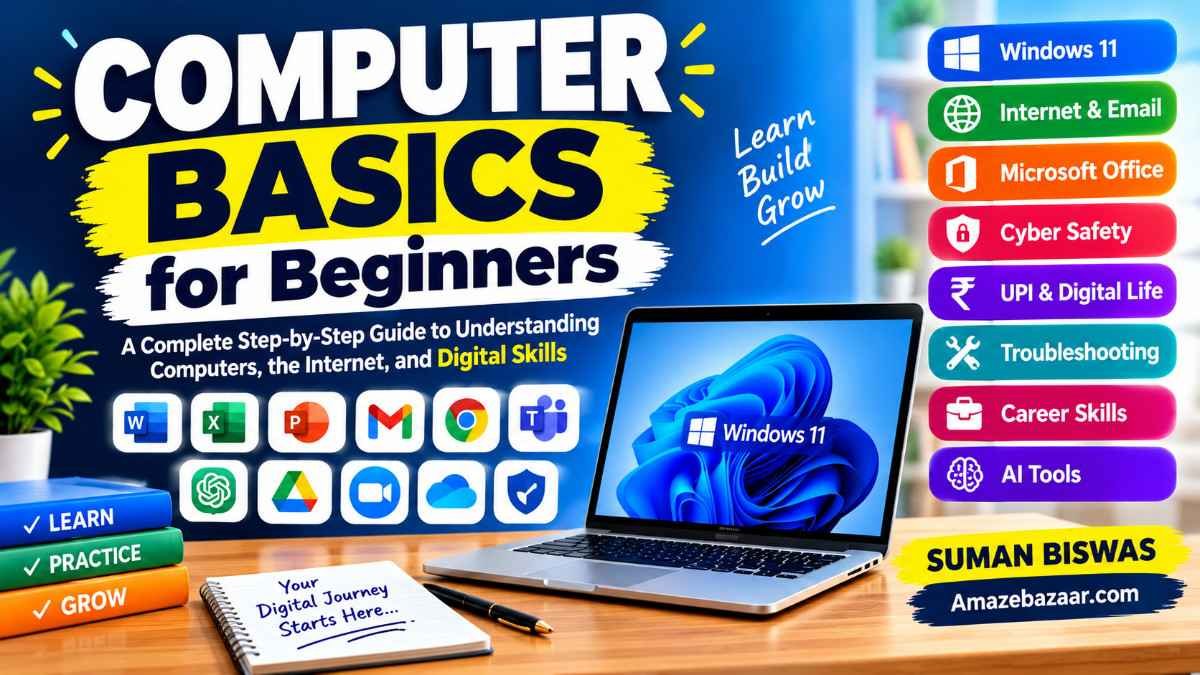Computer Basics for Beginners: A Complete Step-by-Step Guide to Windows 11, Internet, Microsoft Office, Cyber Safety, AI Tools & Digital Skills